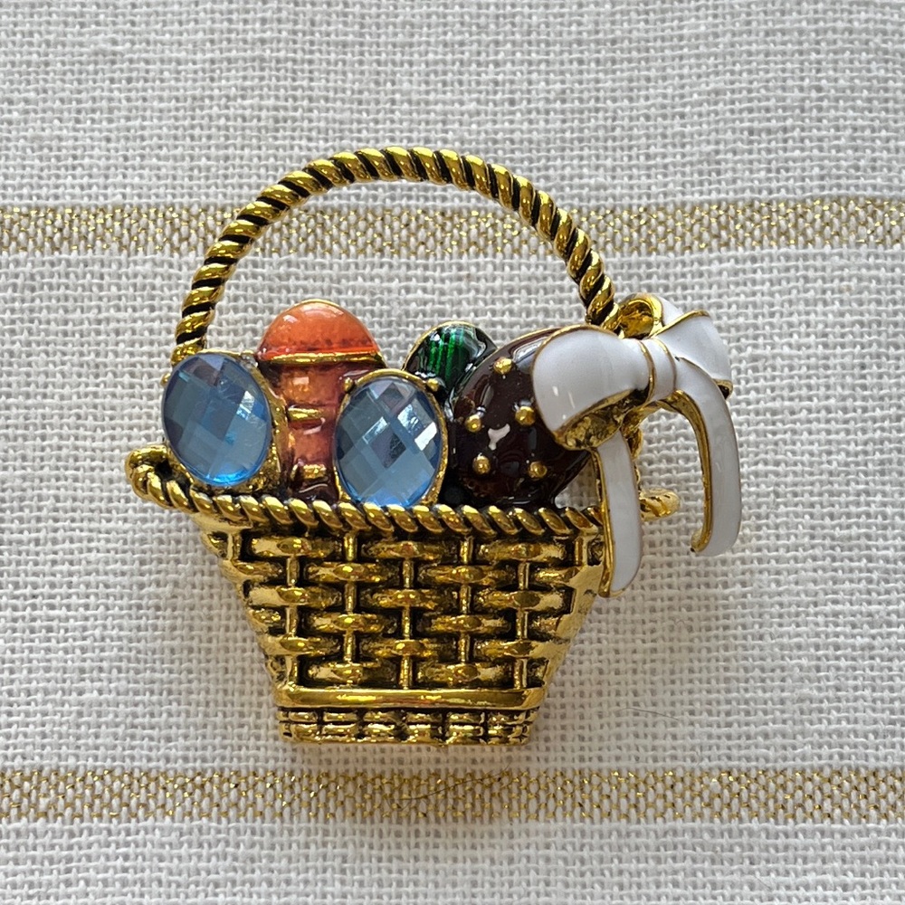 Easter Basket Brooch, deep gold with Gem Accents, NWT, 1.75x1.75”, - Picture 1 of 9